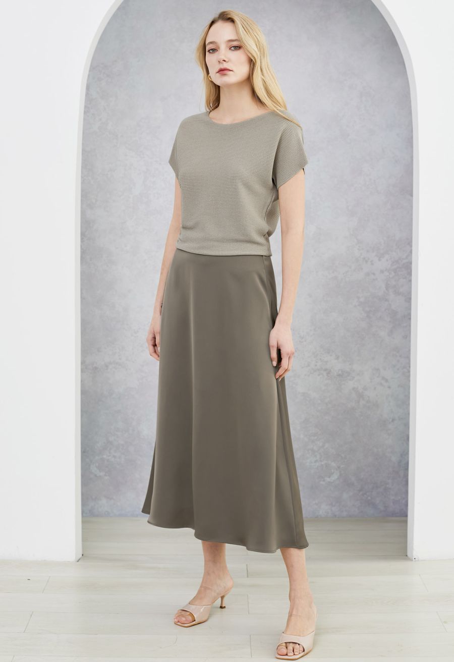 Lustrous Satin Flare Hem Maxi Skirt in Taupe
