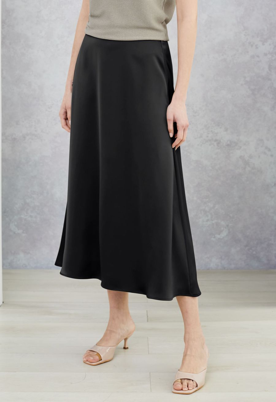 Lustrous Satin Flare Hem Maxi Skirt in Black