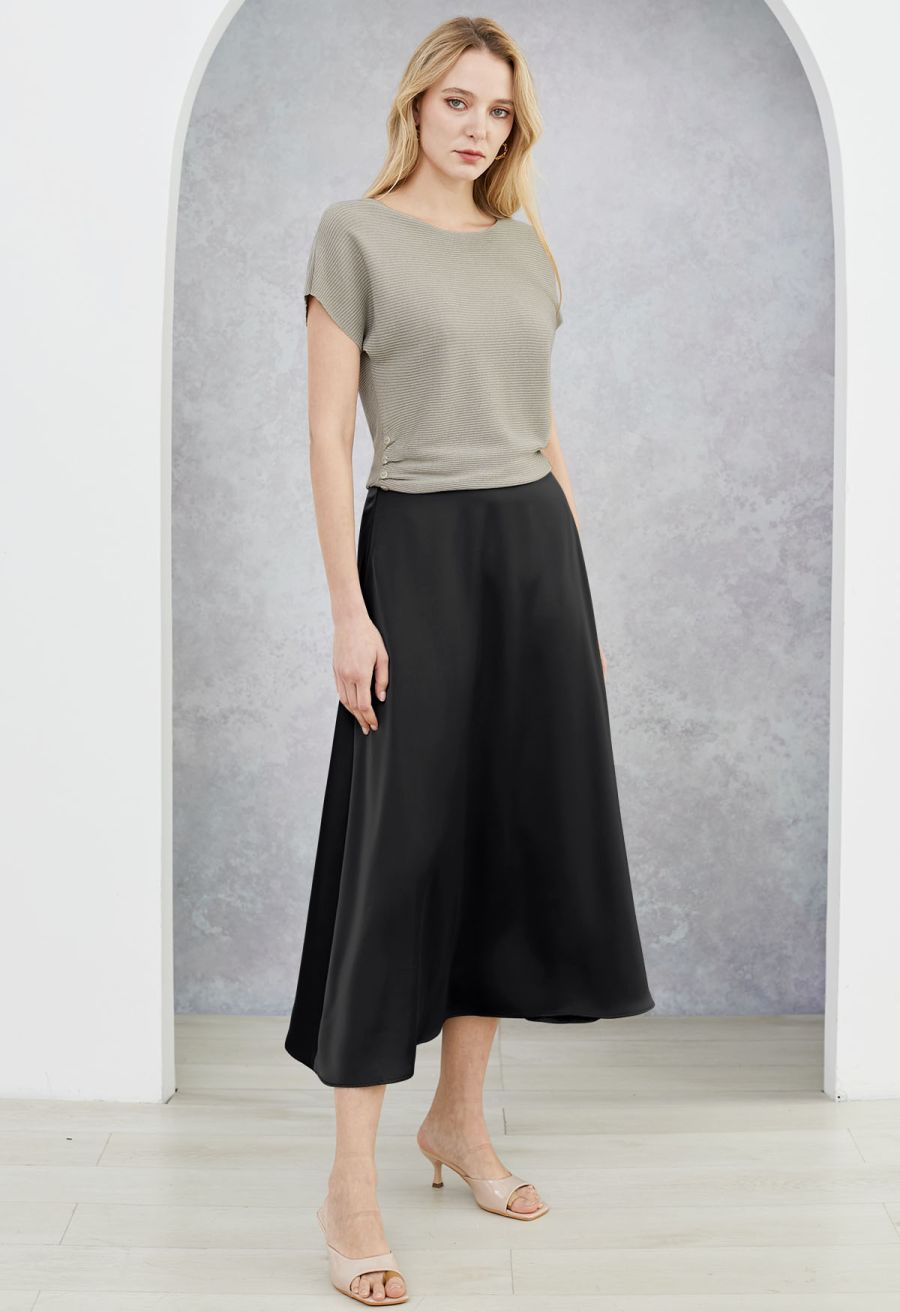 Lustrous Satin Flare Hem Maxi Skirt in Black
