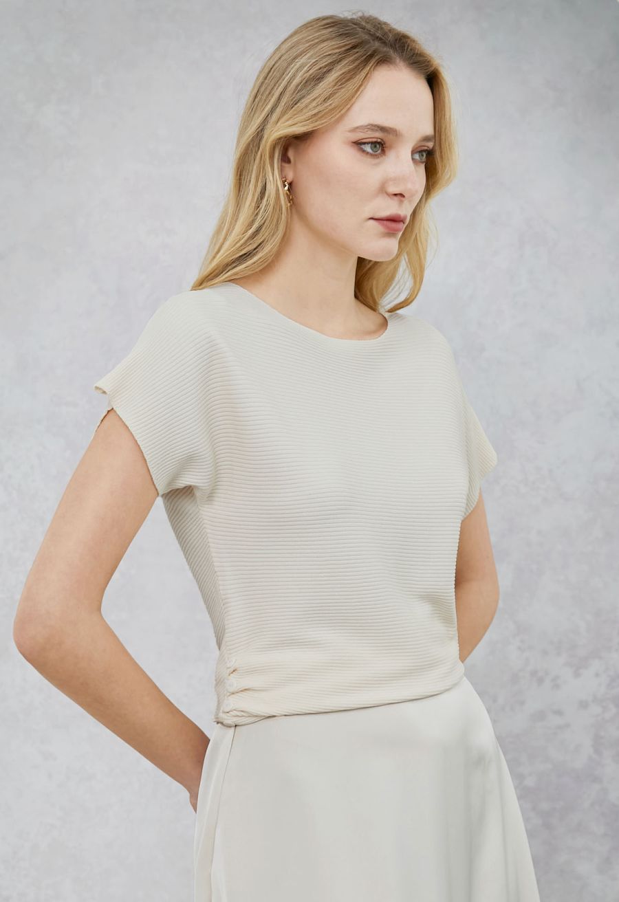 Side Buttons Decorated Short Sleeve Ribbed Knit Top in Cream