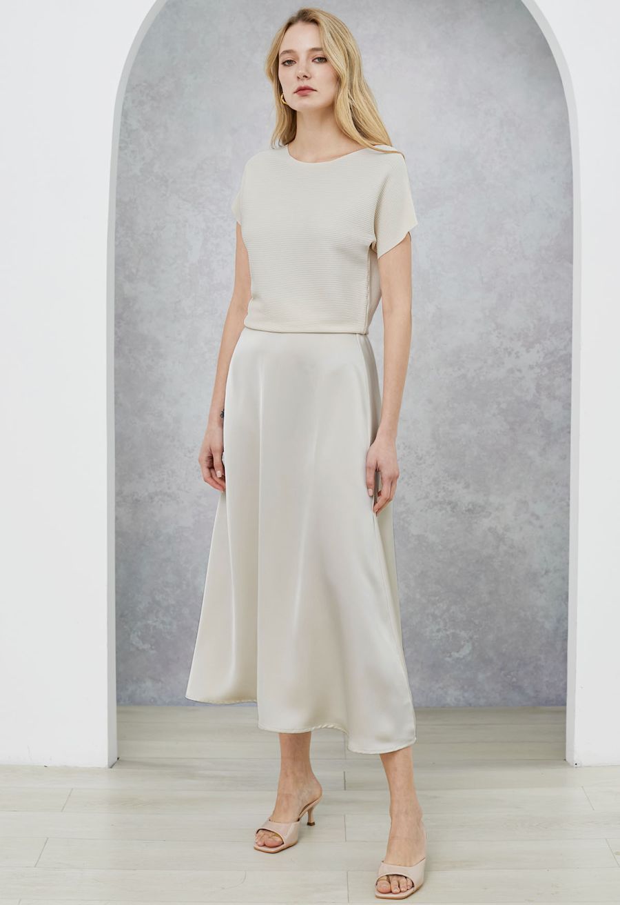 Side Buttons Decorated Short Sleeve Ribbed Knit Top in Cream