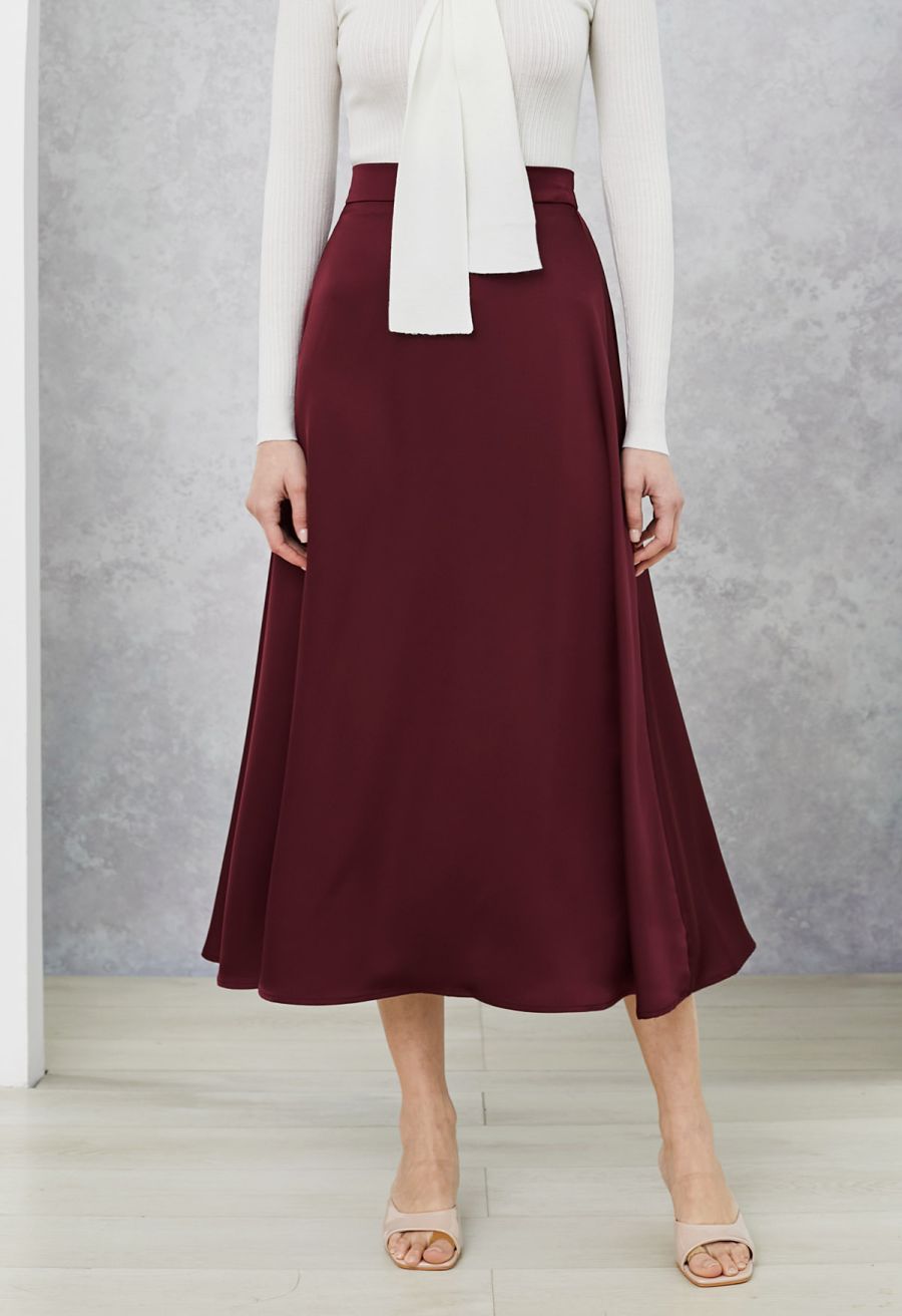 Lustrous Satin Flare Hem Maxi Skirt in Burgundy