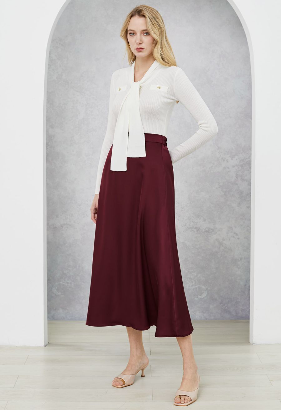 Lustrous Satin Flare Hem Maxi Skirt in Burgundy