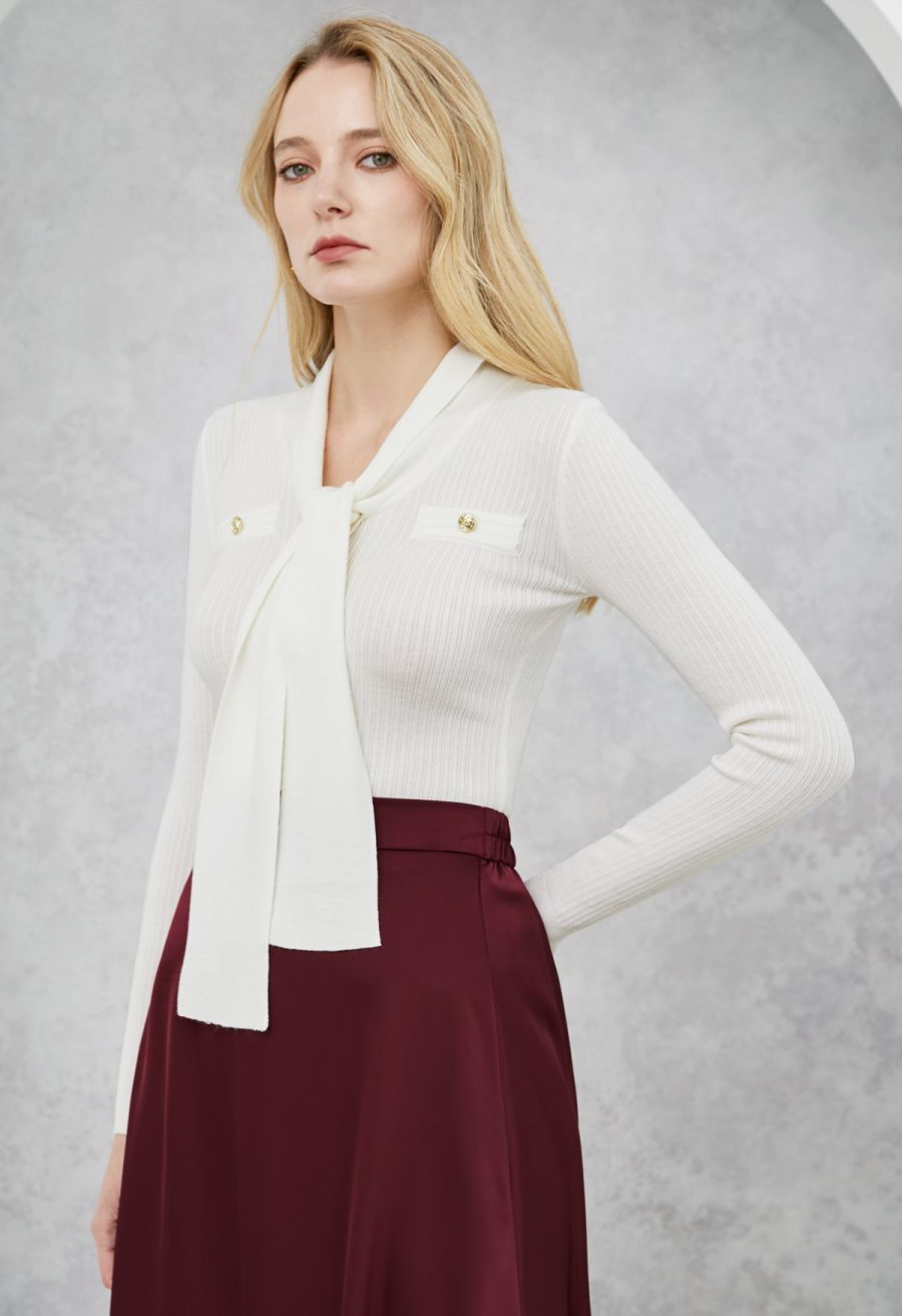 Golden Button Tie-Sash Knotted Fitted Knit Top in White