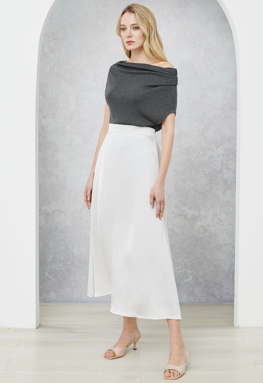Lustrous Satin Flare Hem Maxi Skirt in White