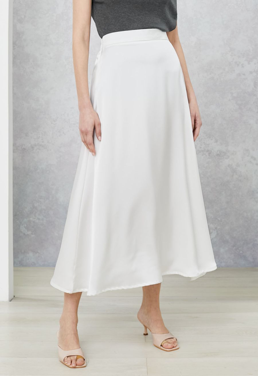 Lustrous Satin Flare Hem Maxi Skirt in White