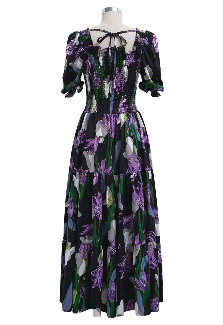 Purple Lily Printed Bubble Short Sleeve Frilling Dress