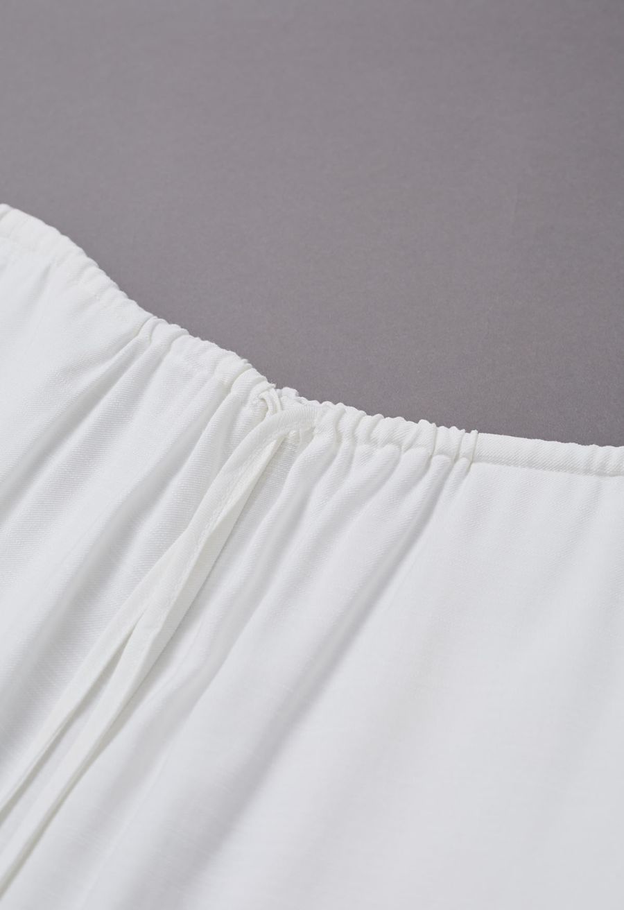 Deep V-Neck Collared Shirt and Drawstring Pants Set in White