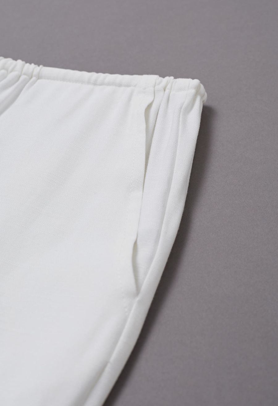 Deep V-Neck Collared Shirt and Drawstring Pants Set in White