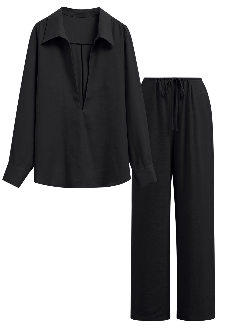 Deep V-Neck Collared Shirt and Drawstring Pants Set in Black