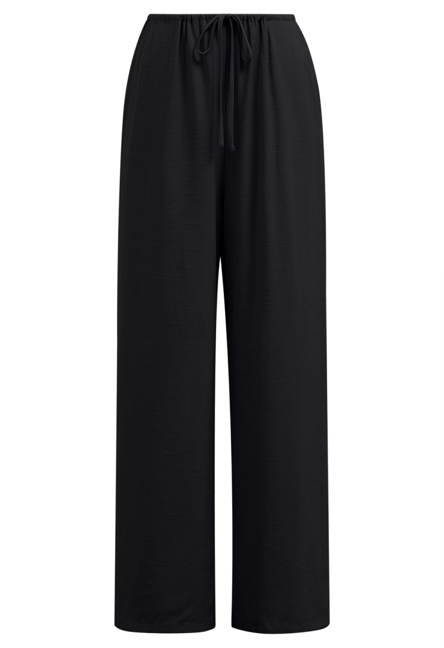 Deep V-Neck Collared Shirt and Drawstring Pants Set in Black