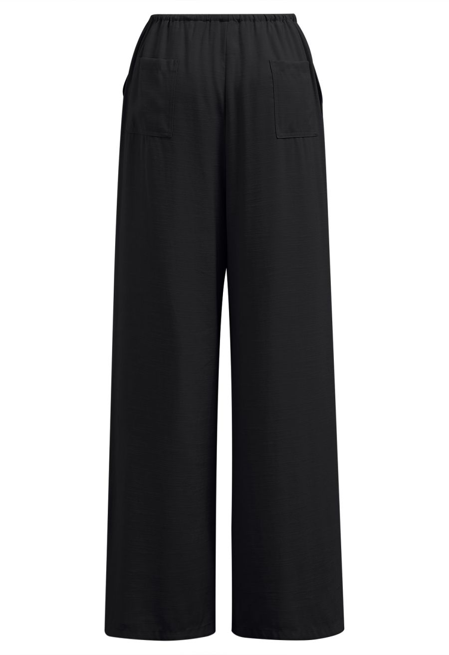 Deep V-Neck Collared Shirt and Drawstring Pants Set in Black