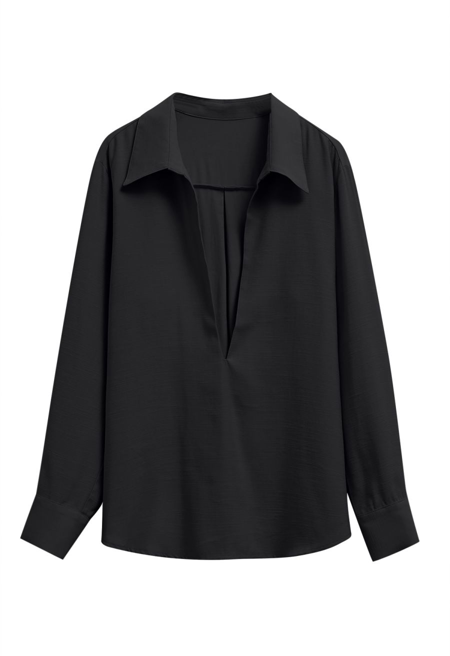 Deep V-Neck Collared Shirt and Drawstring Pants Set in Black