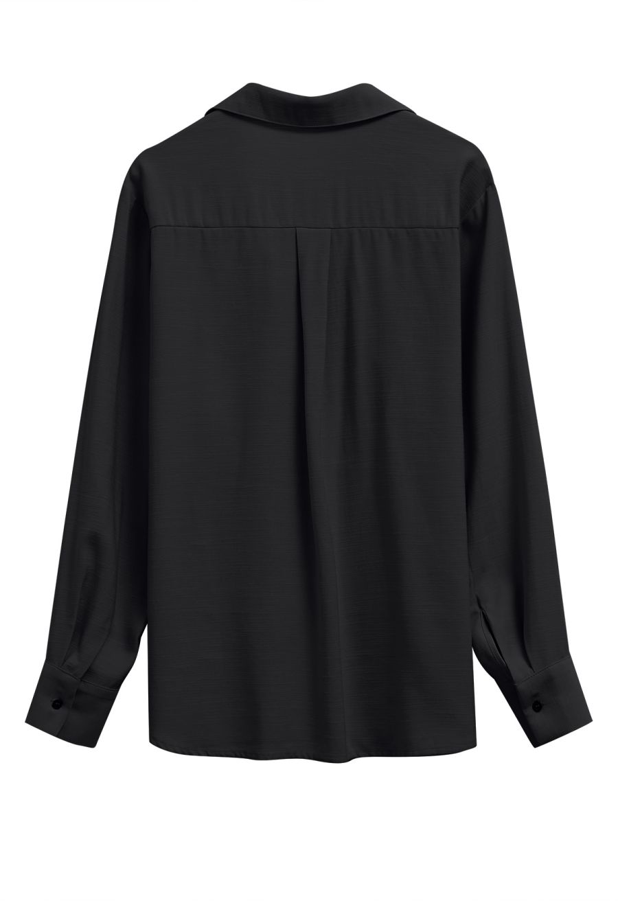 Deep V-Neck Collared Shirt and Drawstring Pants Set in Black