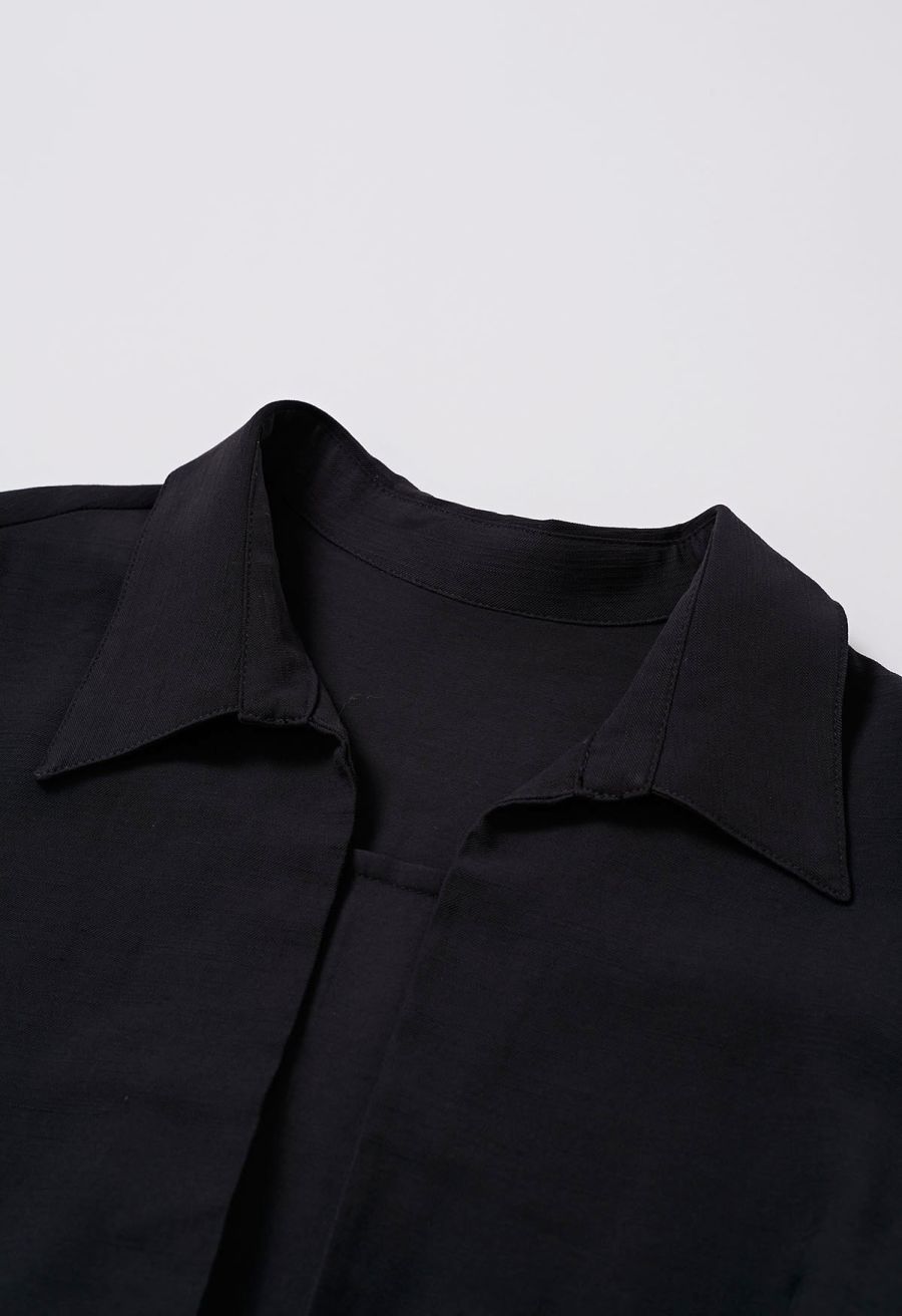 Deep V-Neck Collared Shirt and Drawstring Pants Set in Black
