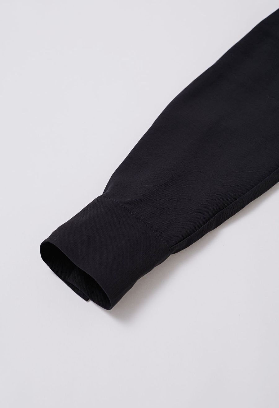 Deep V-Neck Collared Shirt and Drawstring Pants Set in Black