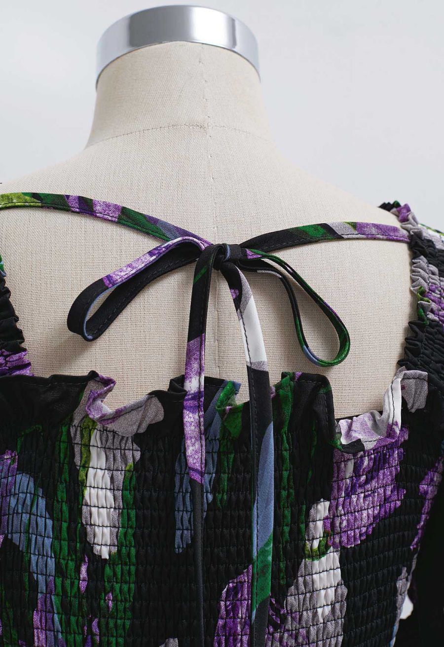 Purple Lily Printed Bubble Short Sleeve Frilling Dress