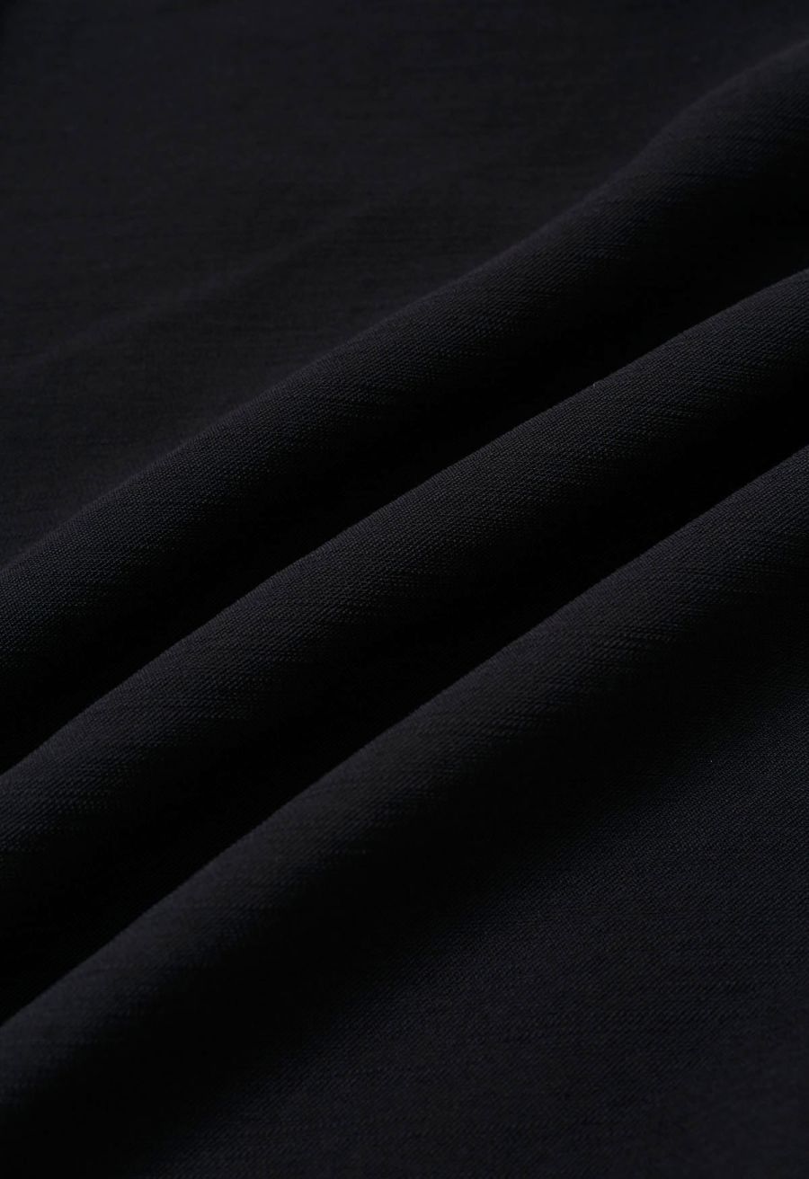 Deep V-Neck Collared Shirt and Drawstring Pants Set in Black