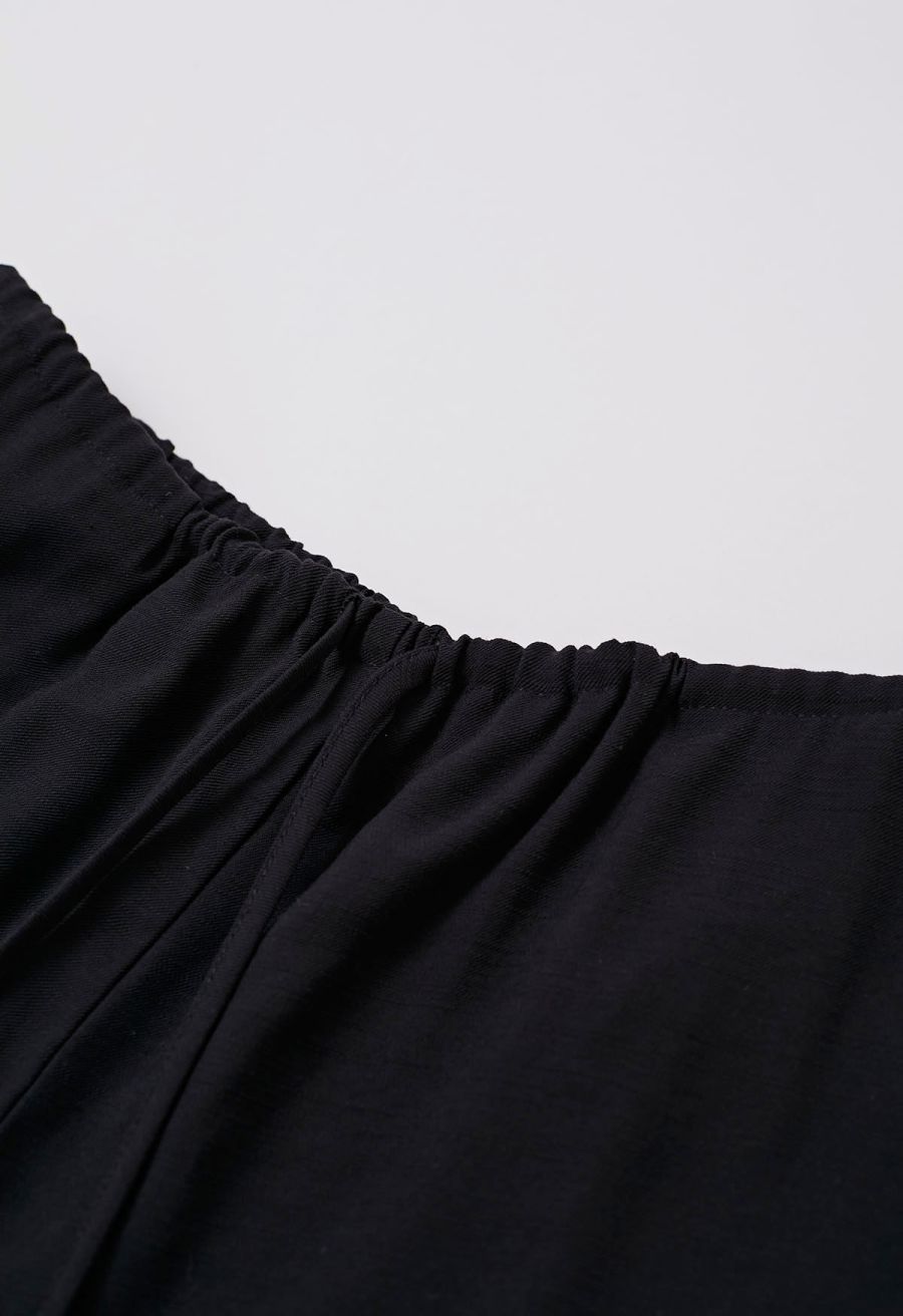 Deep V-Neck Collared Shirt and Drawstring Pants Set in Black