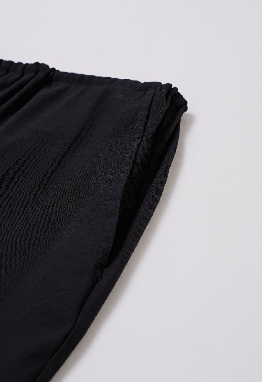 Deep V-Neck Collared Shirt and Drawstring Pants Set in Black