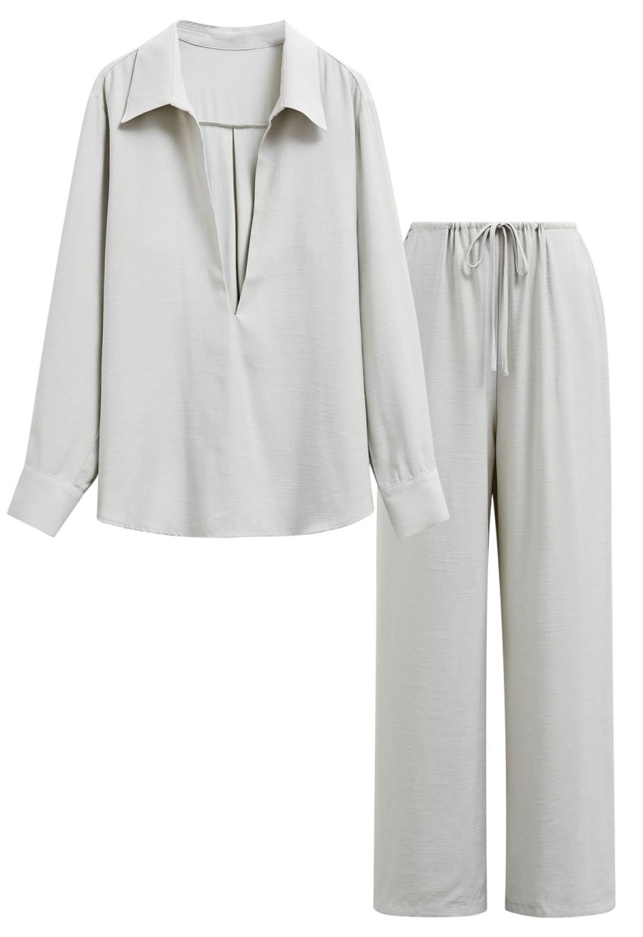 Deep V-Neck Collared Shirt and Drawstring Pants Set in Sage