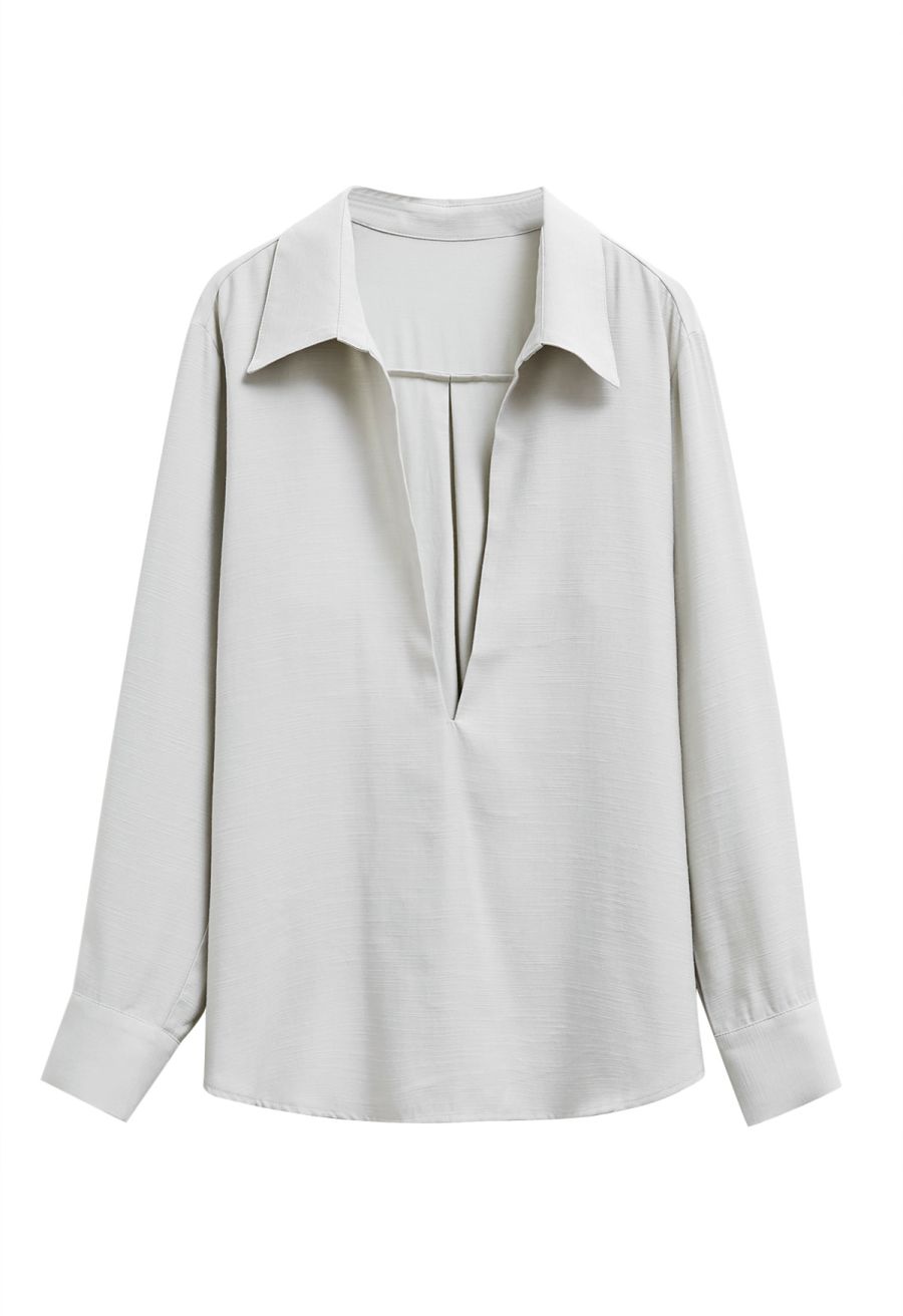 Deep V-Neck Collared Shirt and Drawstring Pants Set in Sage