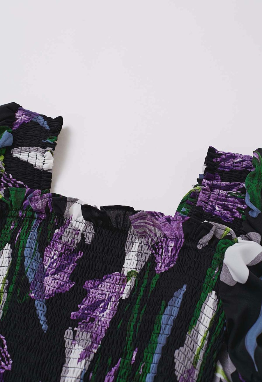 Purple Lily Printed Bubble Short Sleeve Frilling Dress