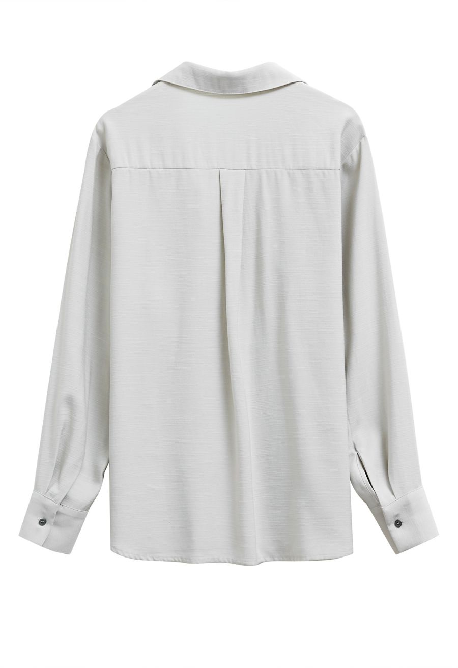 Deep V-Neck Collared Shirt and Drawstring Pants Set in Sage