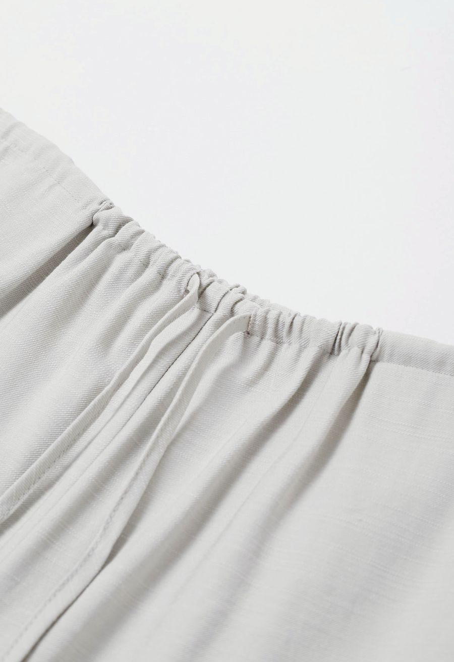 Deep V-Neck Collared Shirt and Drawstring Pants Set in Sage