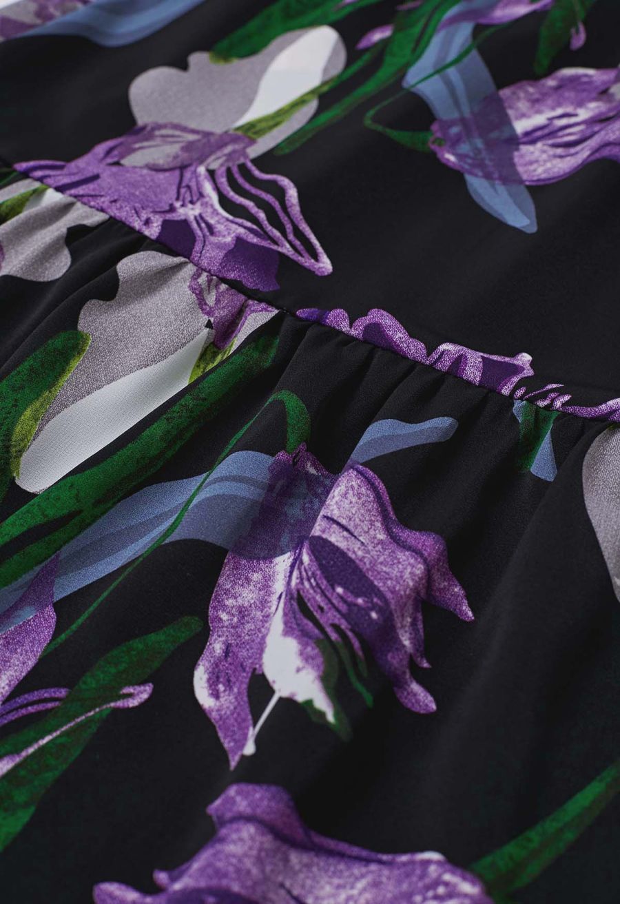 Purple Lily Printed Bubble Short Sleeve Frilling Dress