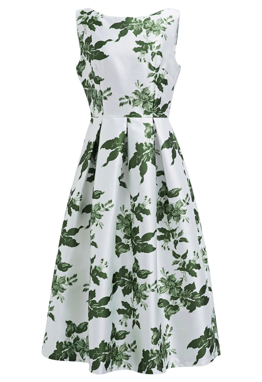 Elegant Nature Green Floral Sleeveless Midi Dress