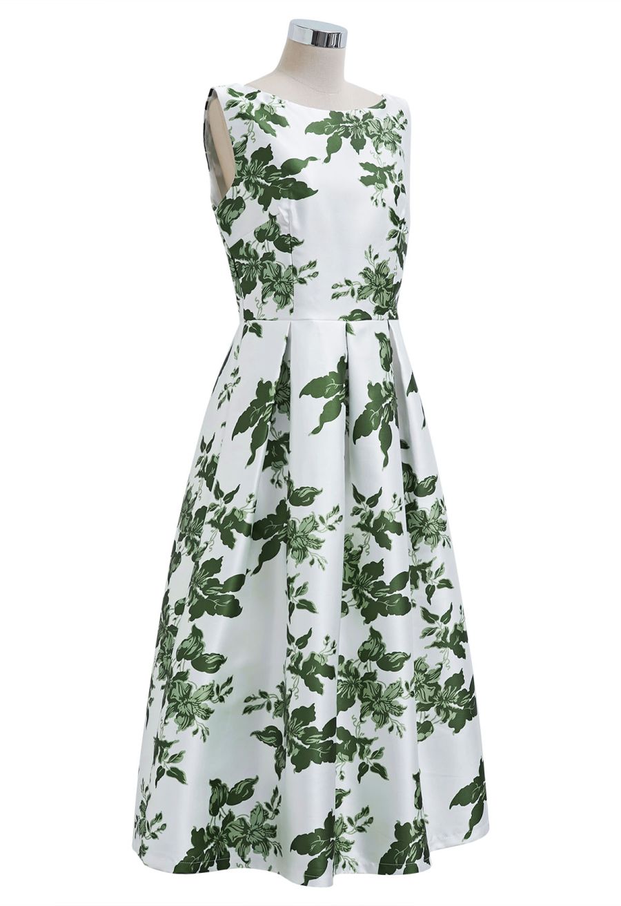 Elegant Nature Green Floral Sleeveless Midi Dress