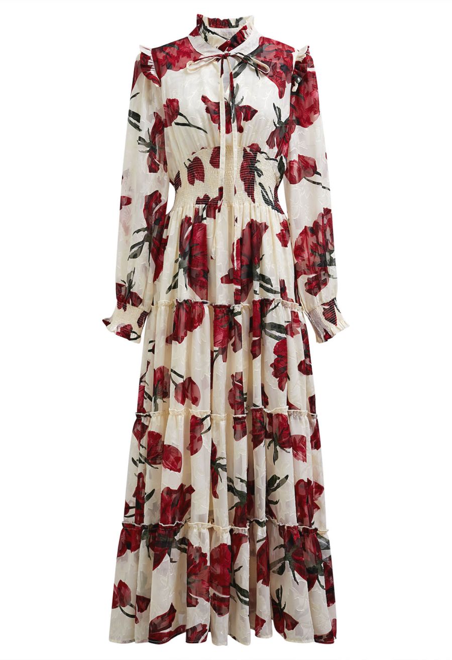 Blooming Rose Jacquard Ruffle Detail Shirred Maxi Dress in Cream