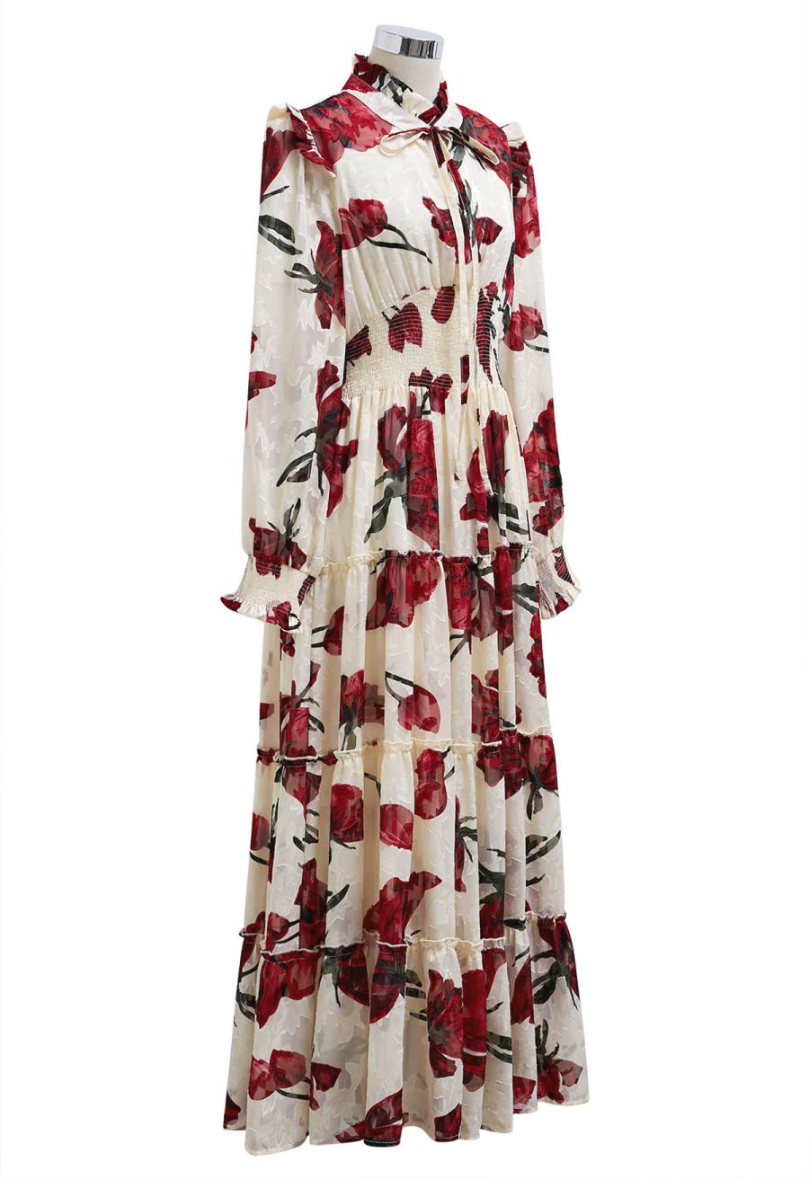 Blooming Rose Jacquard Ruffle Detail Shirred Maxi Dress in Cream