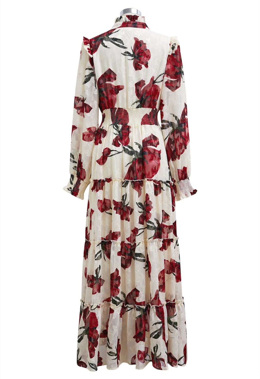 Blooming Rose Jacquard Ruffle Detail Shirred Maxi Dress in Cream