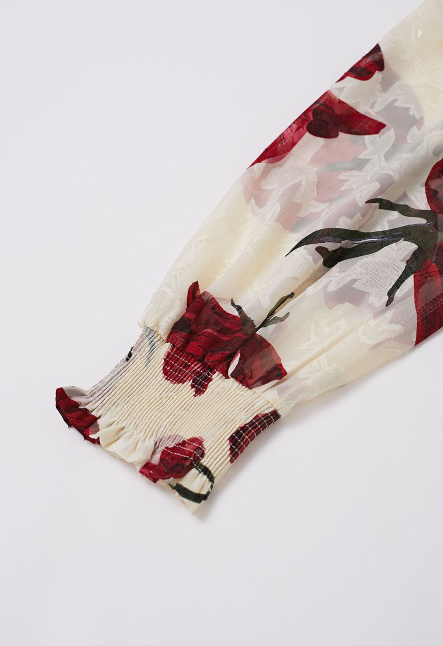 Blooming Rose Jacquard Ruffle Detail Shirred Maxi Dress in Cream