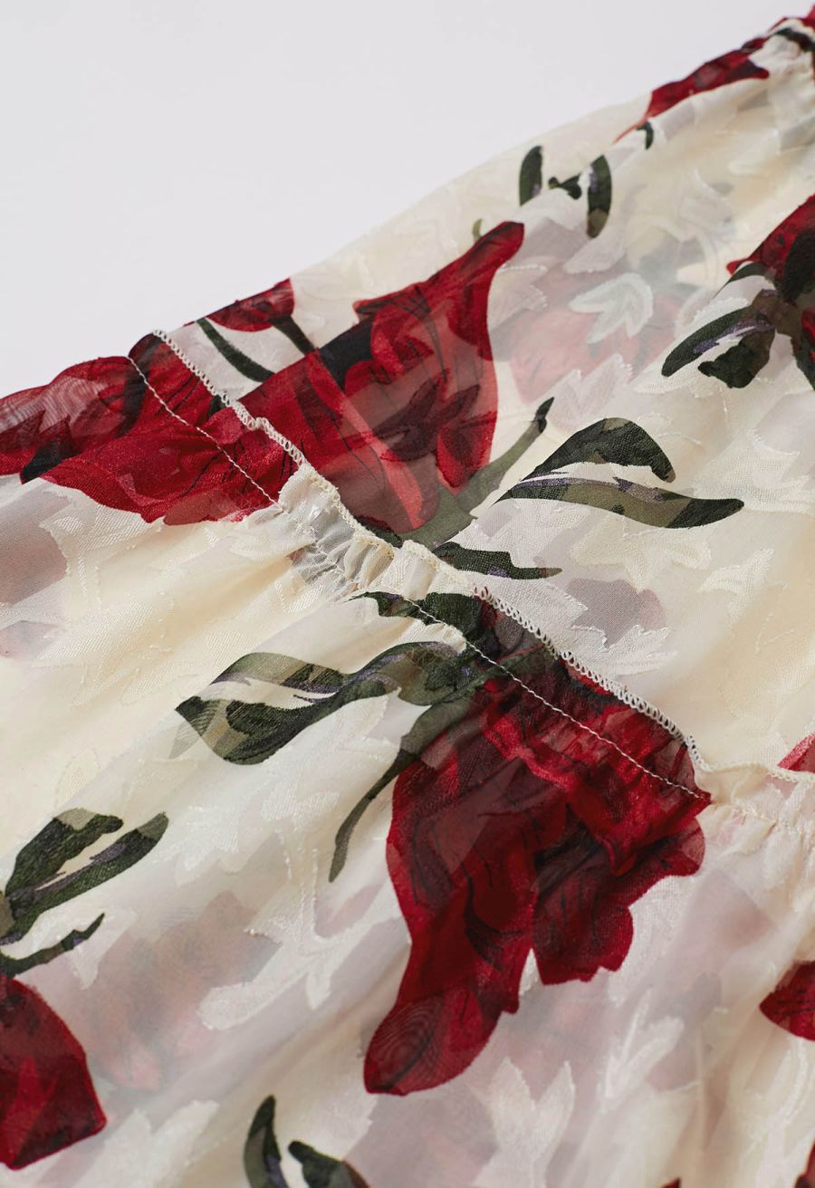 Blooming Rose Jacquard Ruffle Detail Shirred Maxi Dress in Cream