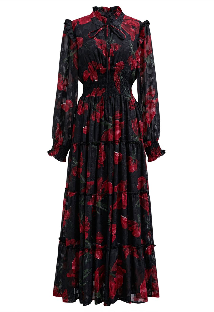 Blooming Rose Jacquard Ruffle Detail Shirred Maxi Dress in Black