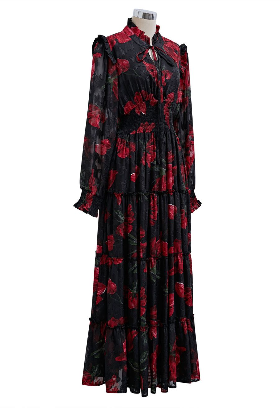 Blooming Rose Jacquard Ruffle Detail Shirred Maxi Dress in Black