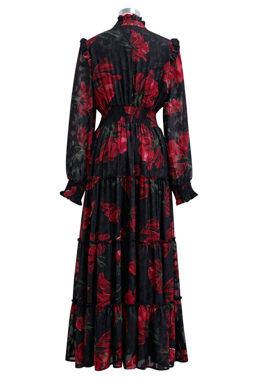 Blooming Rose Jacquard Ruffle Detail Shirred Maxi Dress in Black