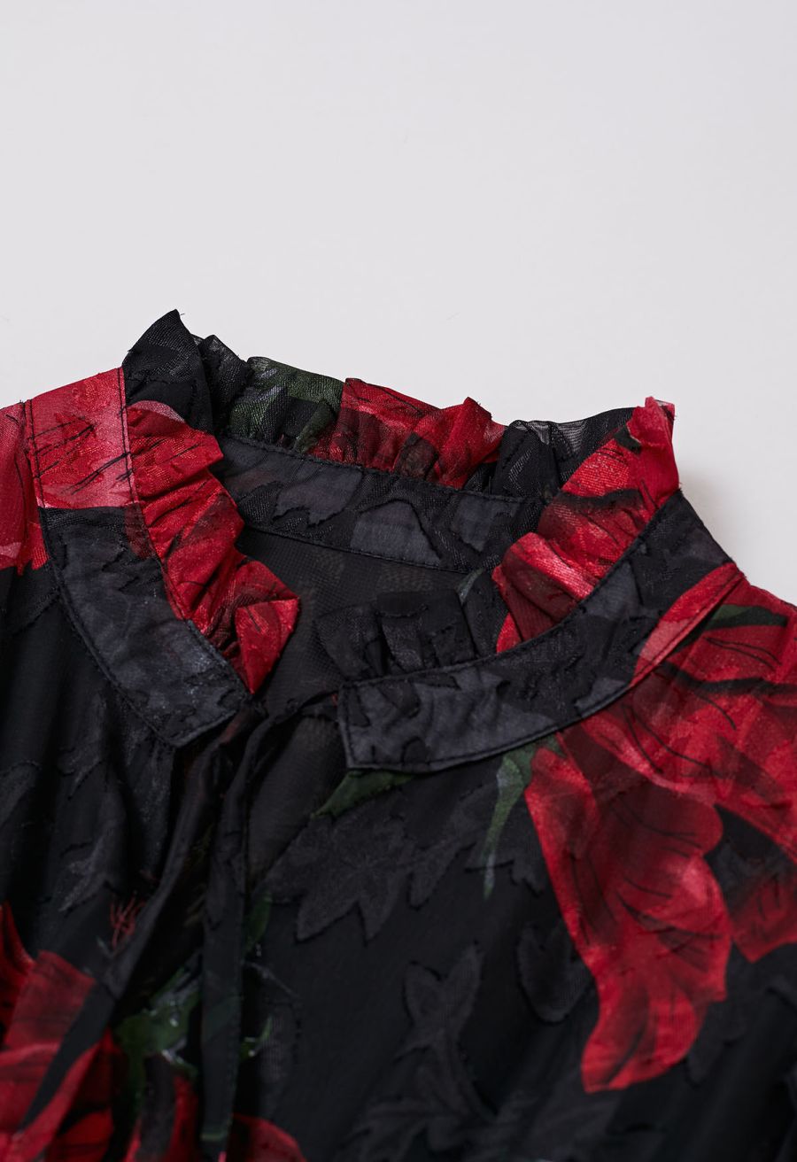 Blooming Rose Jacquard Ruffle Detail Shirred Maxi Dress in Black