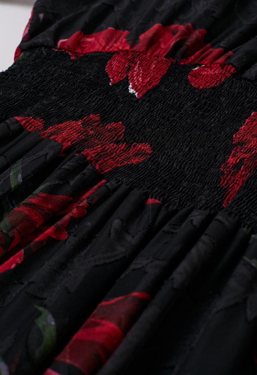 Blooming Rose Jacquard Ruffle Detail Shirred Maxi Dress in Black