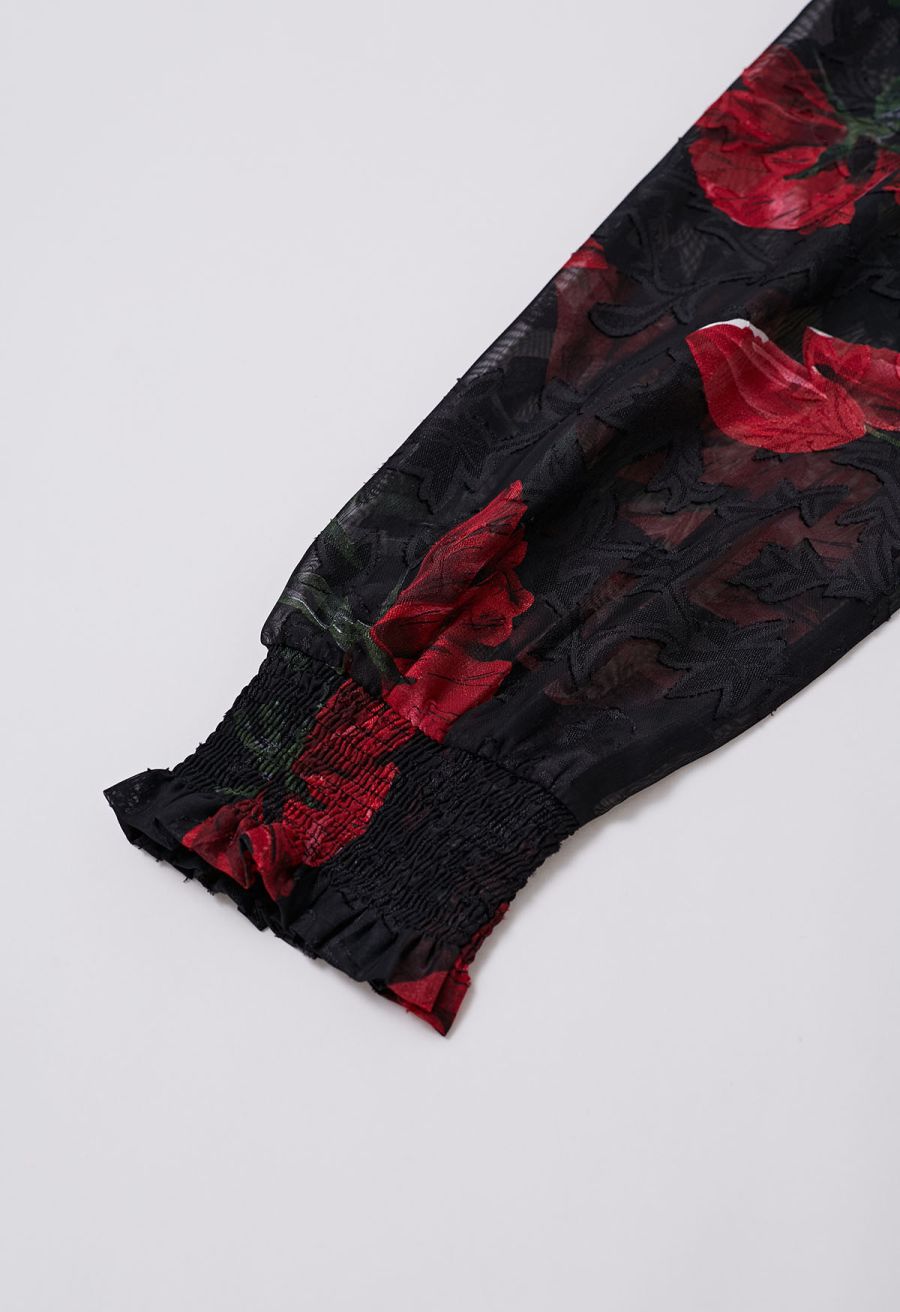 Blooming Rose Jacquard Ruffle Detail Shirred Maxi Dress in Black