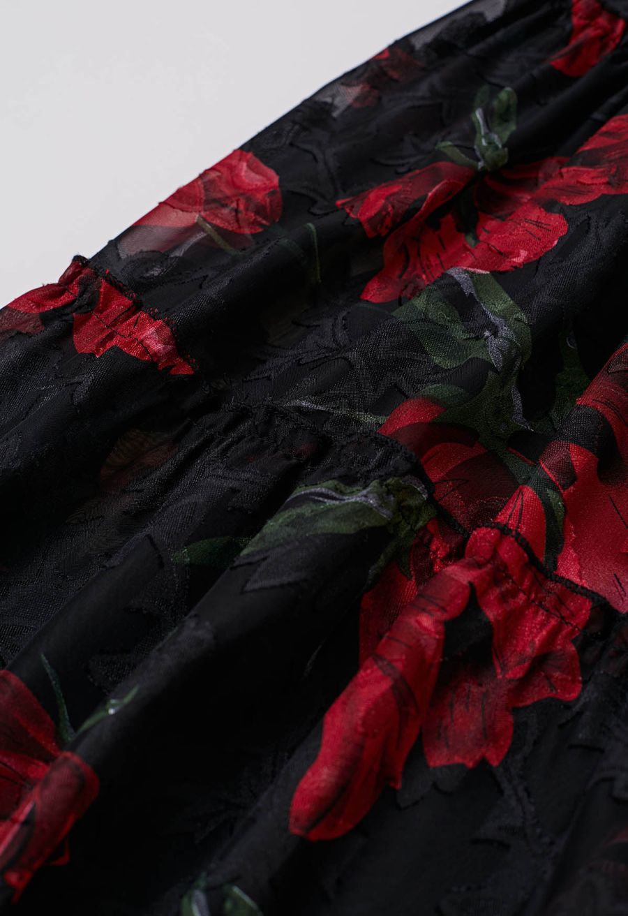Blooming Rose Jacquard Ruffle Detail Shirred Maxi Dress in Black