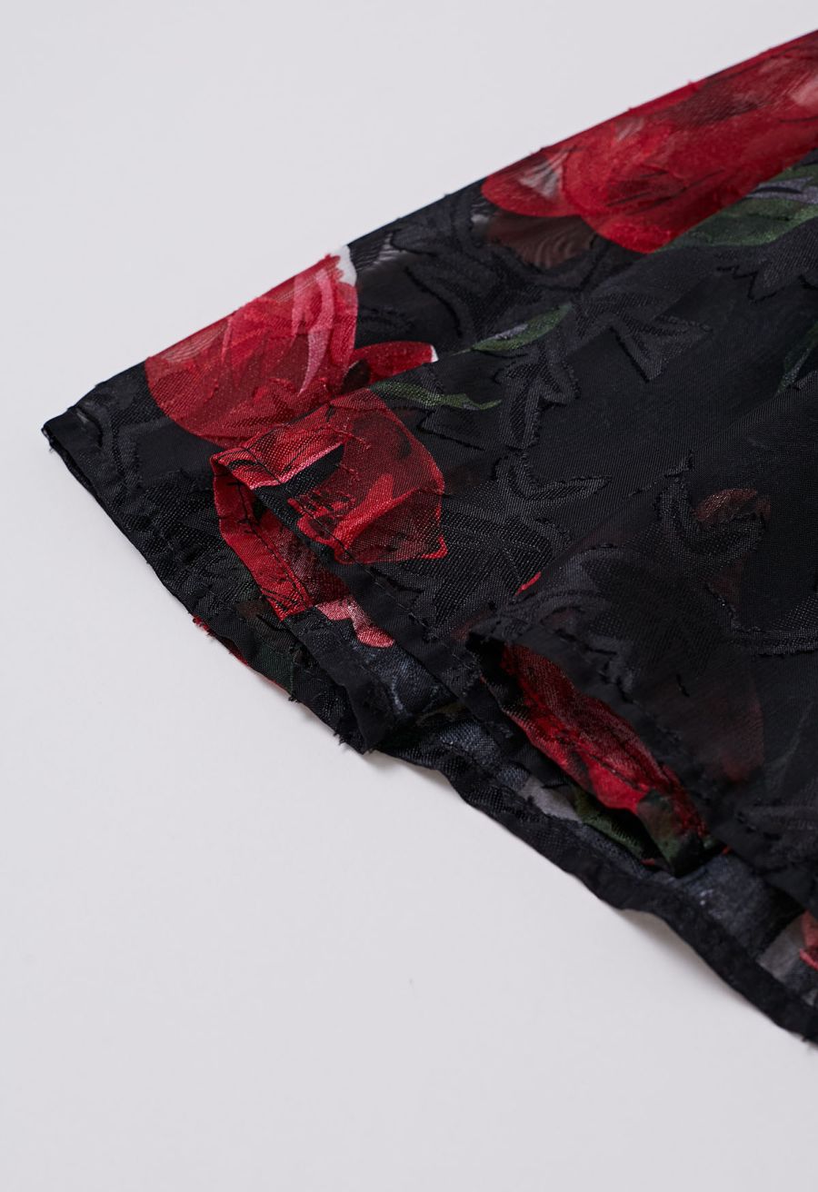Blooming Rose Jacquard Ruffle Detail Shirred Maxi Dress in Black