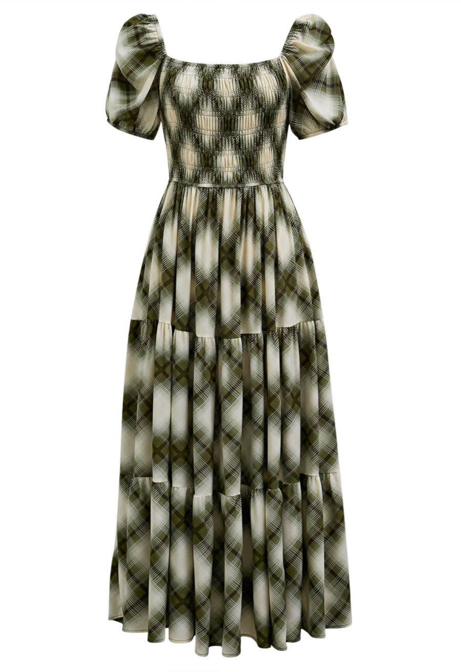Green Diamond Printed Bubble Short Sleeve Frilling Dress