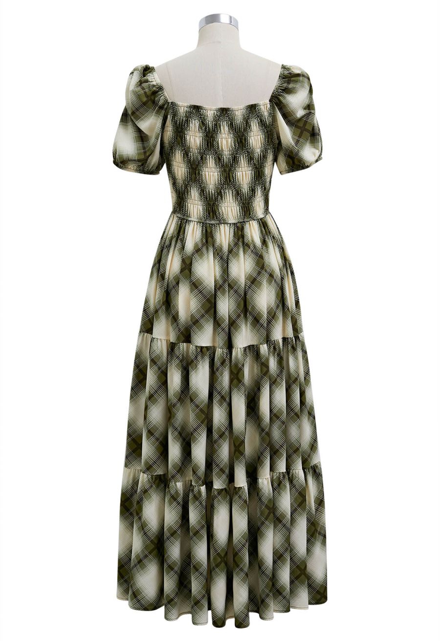 Green Diamond Printed Bubble Short Sleeve Frilling Dress