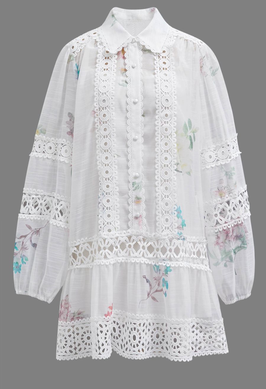 Botanical Print Cutwork Lace Panelled Organza Mini Dress