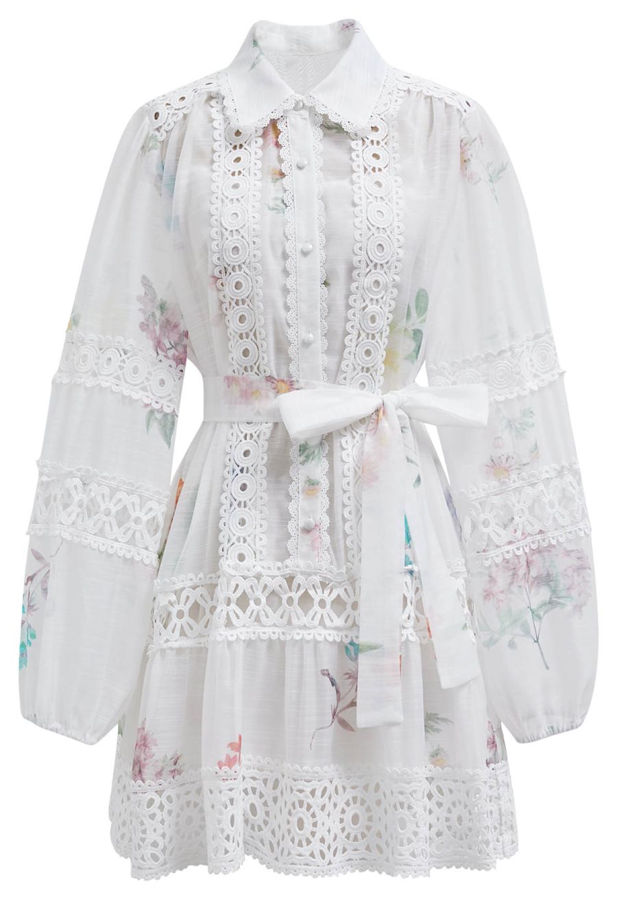 Botanical Print Cutwork Lace Panelled Organza Mini Dress