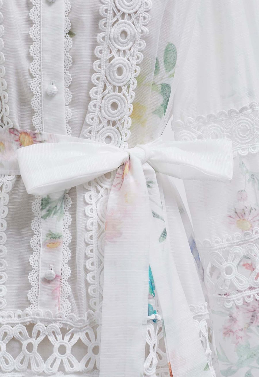 Botanical Print Cutwork Lace Panelled Organza Mini Dress